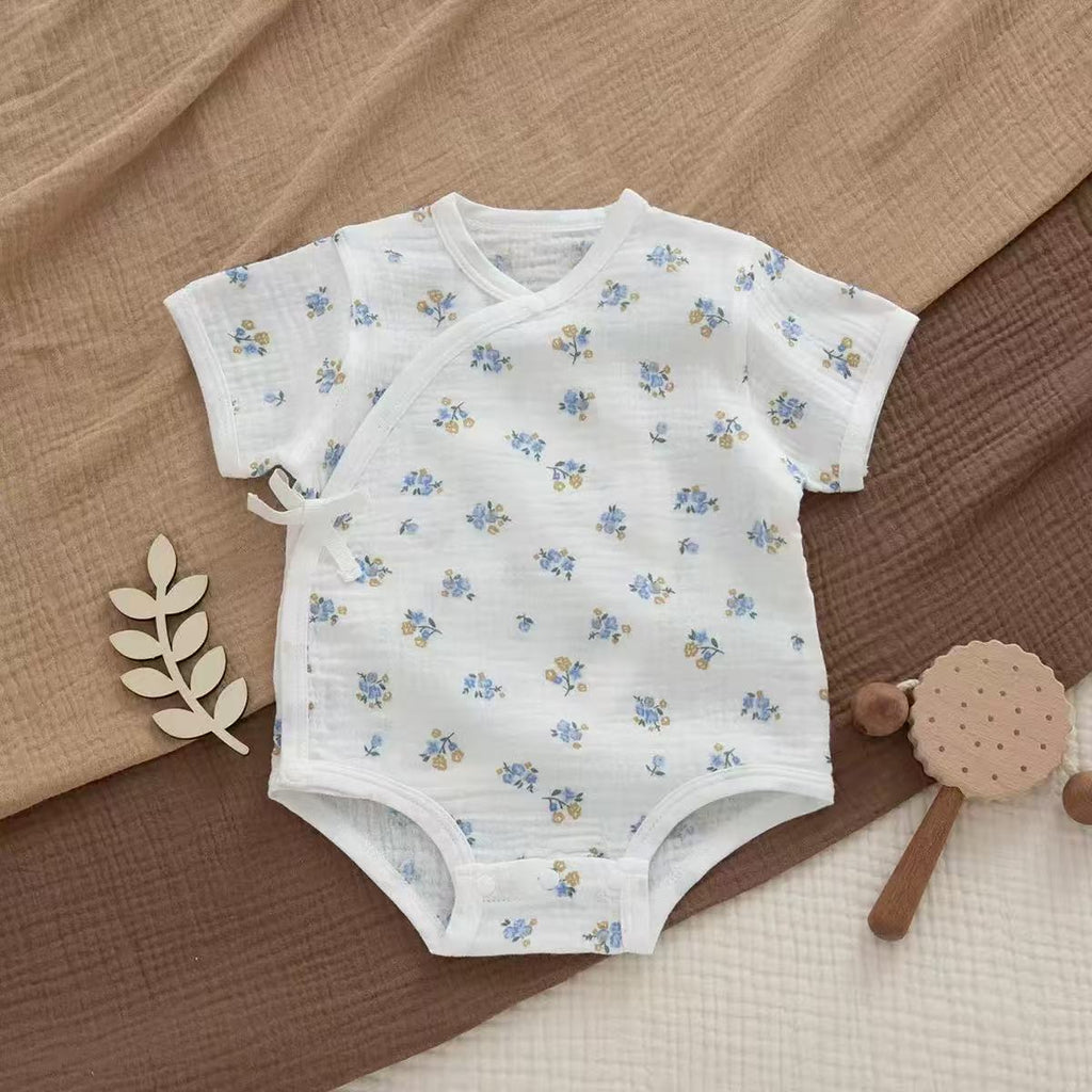 100% Organic Muslin Cotton Allover Blue Floral Baby Onesie