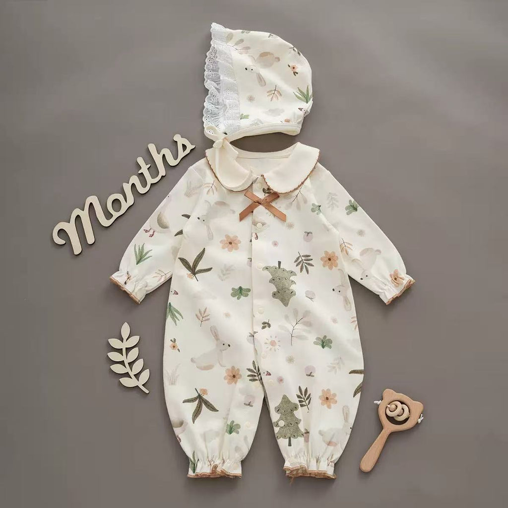 100% Organic Cotton Forest Bunny & Duck Print Baby Romper