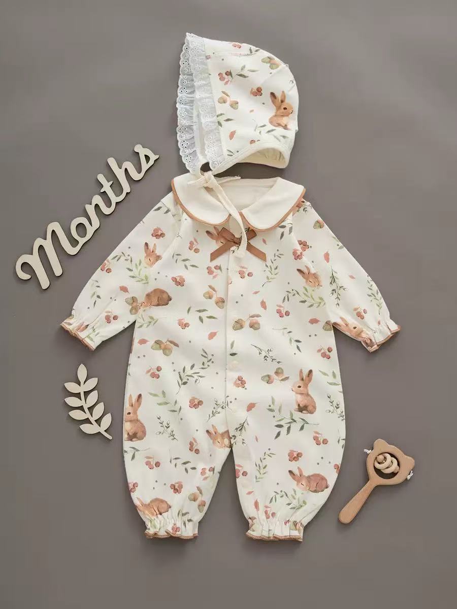 100% Organic Cotton Watercolour Bunny Print Baby Romper