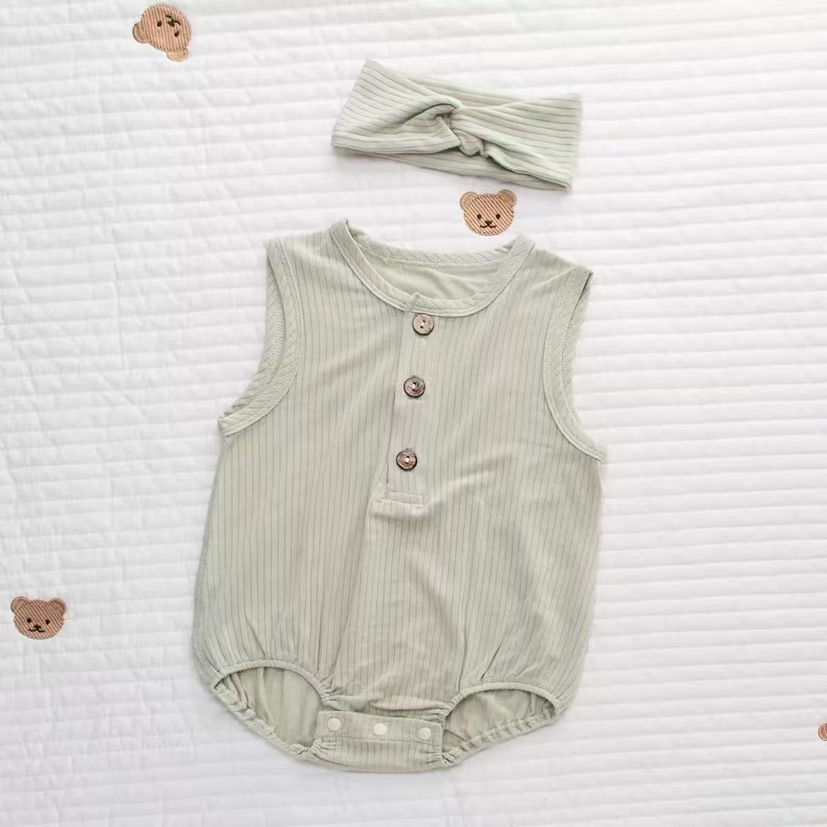 Bamboo & Organic Cotton Mix Striped Light Green Sleeveless Baby Onesie