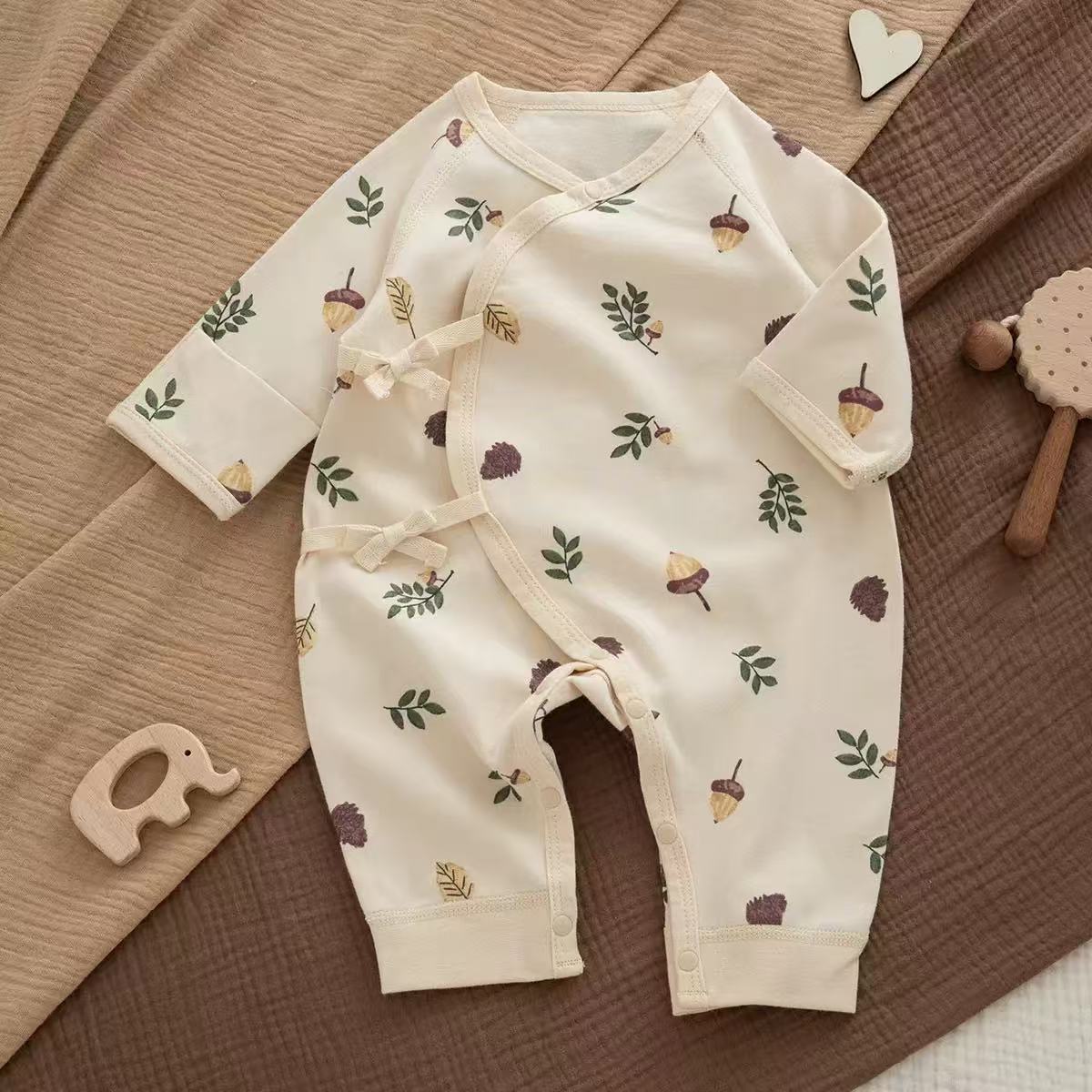 100% Organic Cotton Acorn Leaf Print Baby Romper
