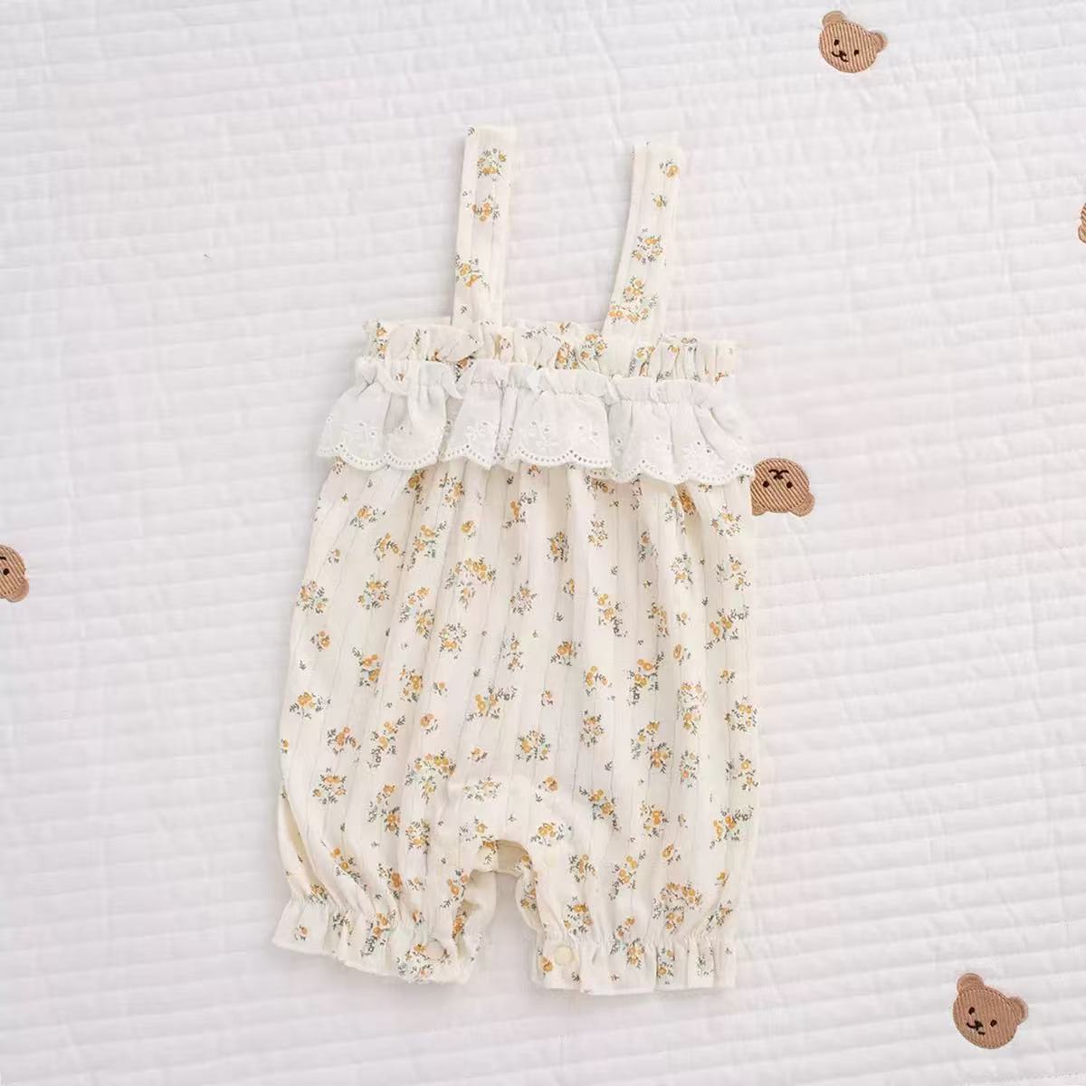 100% Organic Cotton Lace Ruffle Spaghetti Strap Ditsy Floral Baby Romper