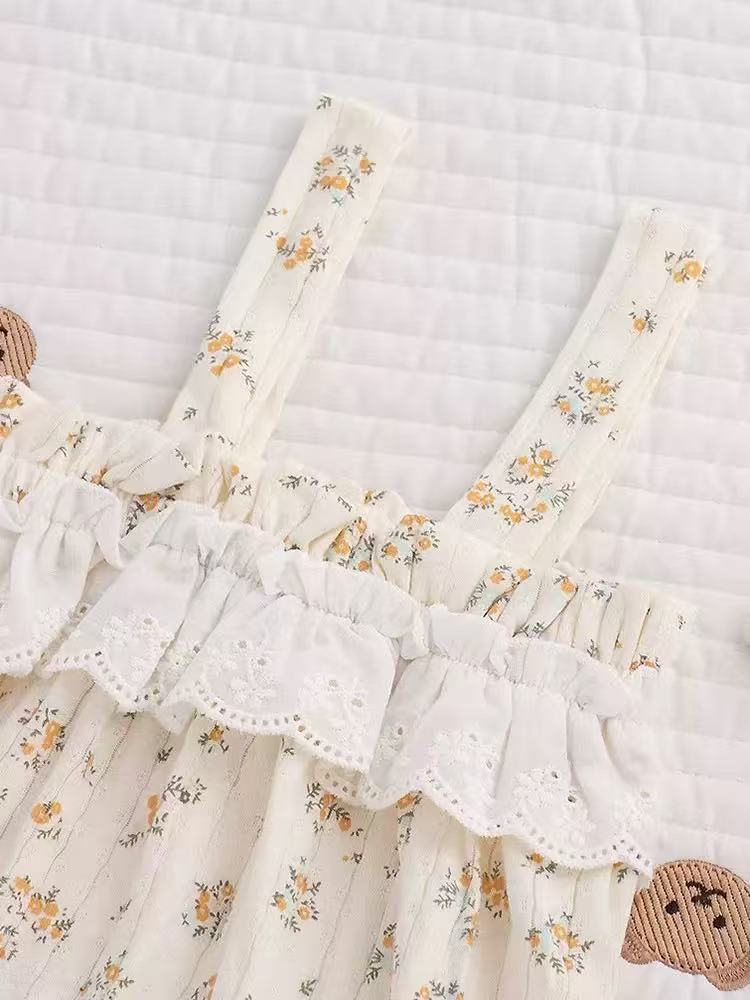 100% Organic Cotton Lace Ruffle Spaghetti Strap Ditsy Floral Baby Romper
