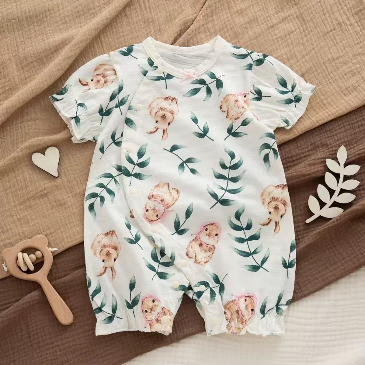 100% Organic Cotton Short Sleeve Bunny Print Baby Romper