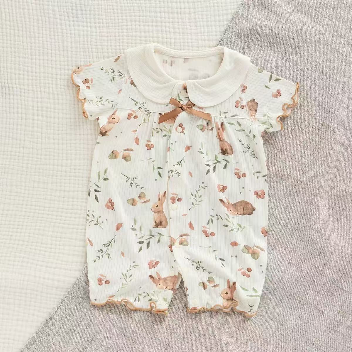 Organic Cotton & Bamboo Blend Short Sleeve Bunny Print Baby Romper