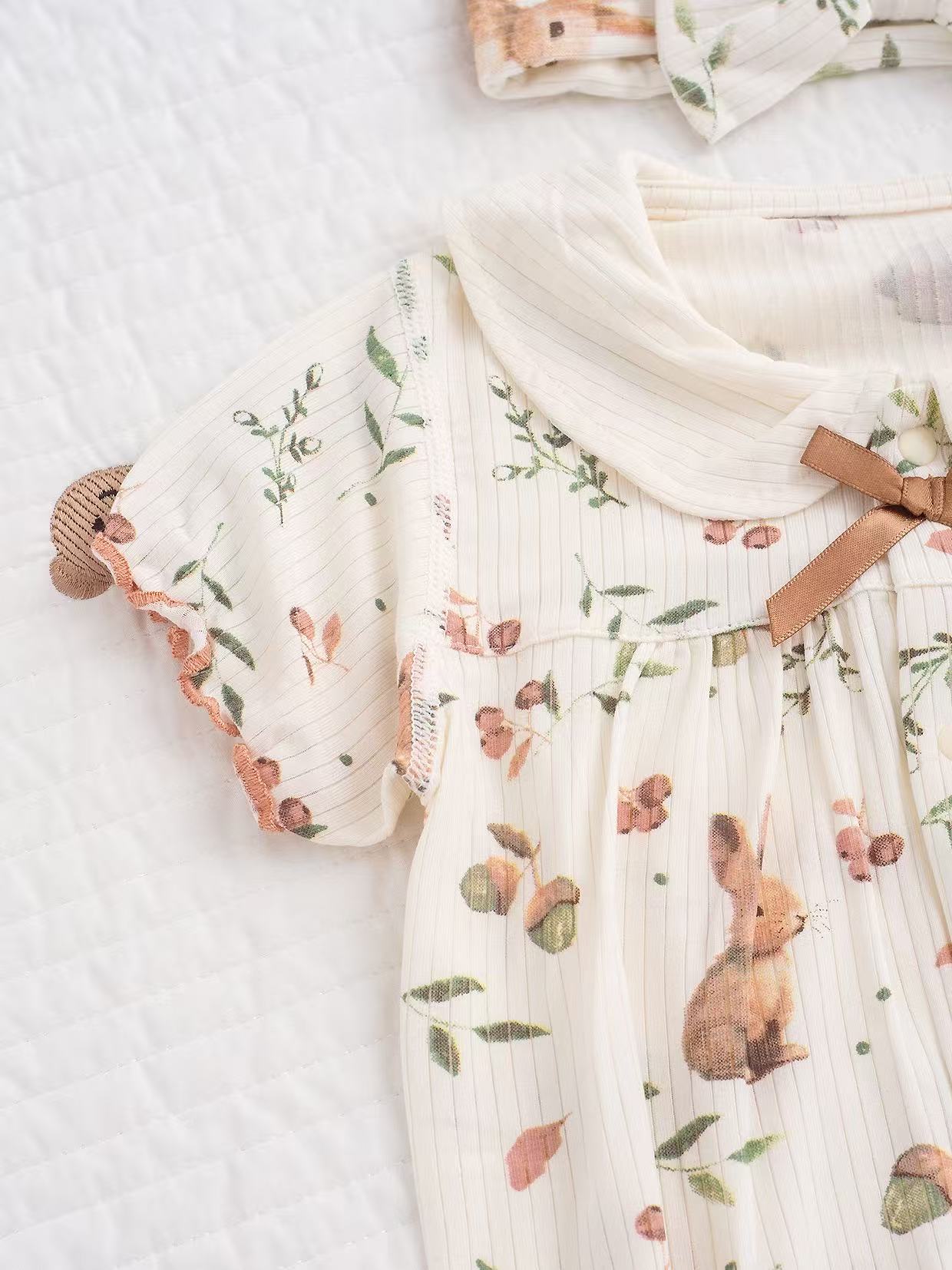 Organic Cotton & Bamboo Blend Short Sleeve Bunny Print Baby Romper