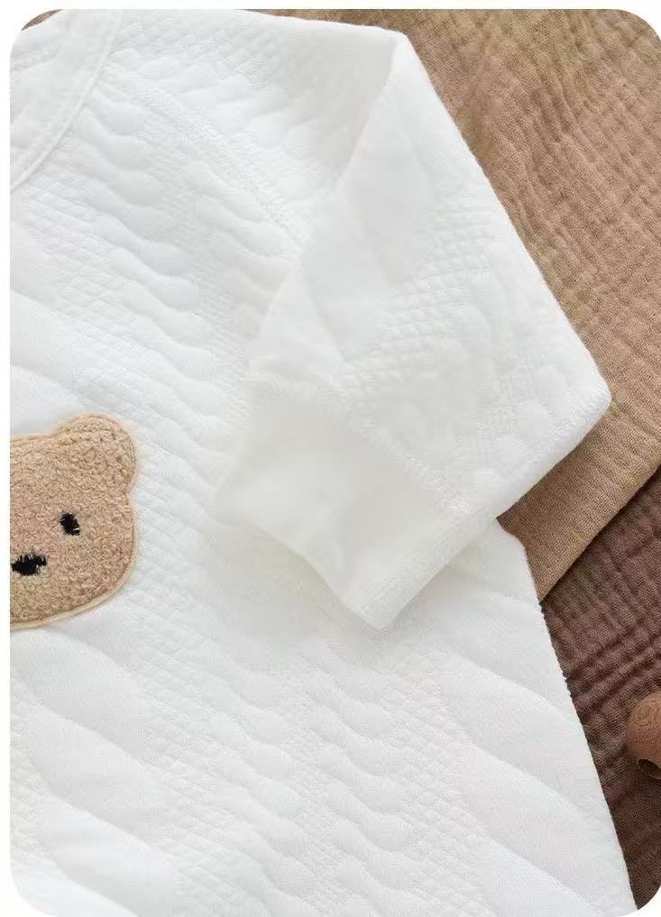 100% Organic Cotton Long Sleeve Bear Patch Quilted Baby Romper