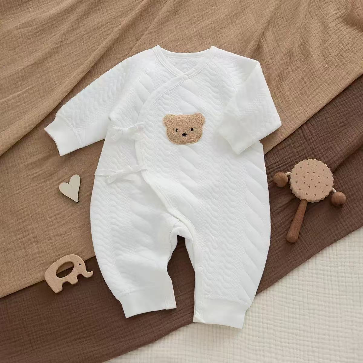 100% Organic Cotton Long Sleeve Bear Patch Quilted Baby Romper