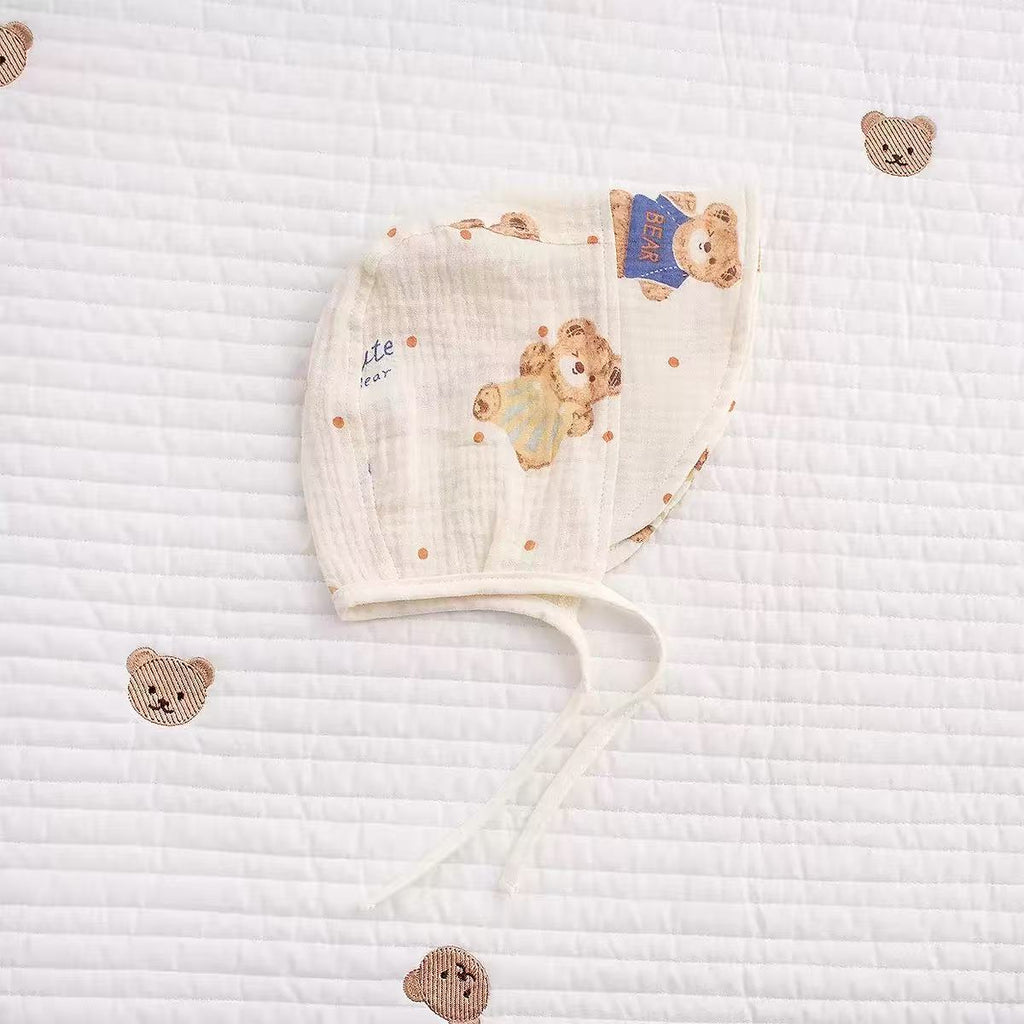 100% Organic Cotton Muslin Cute Bear Baby Bonnet