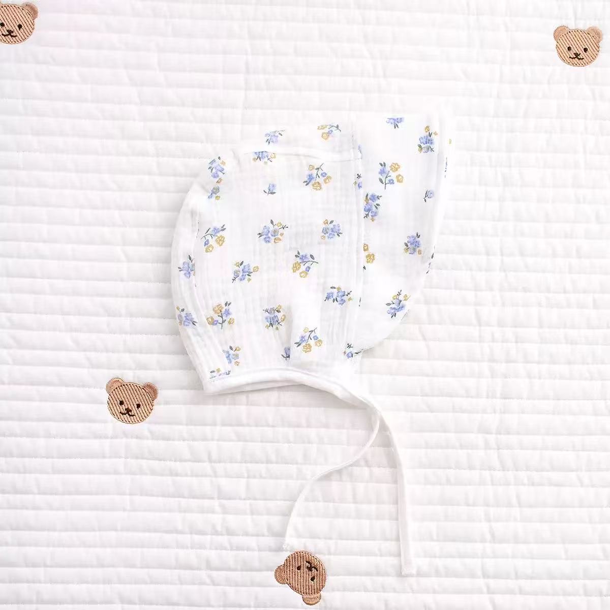 100% Organic Cotton Muslin Blue Floral Baby Bonnet