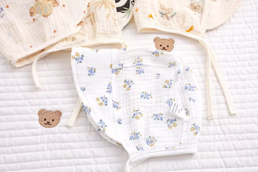 100% Organic Cotton Muslin Blue Floral Baby Bonnet