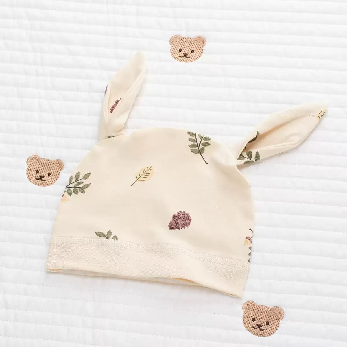 100% Organic Cotton Acorn Leaf Print Ear Baby Beanie