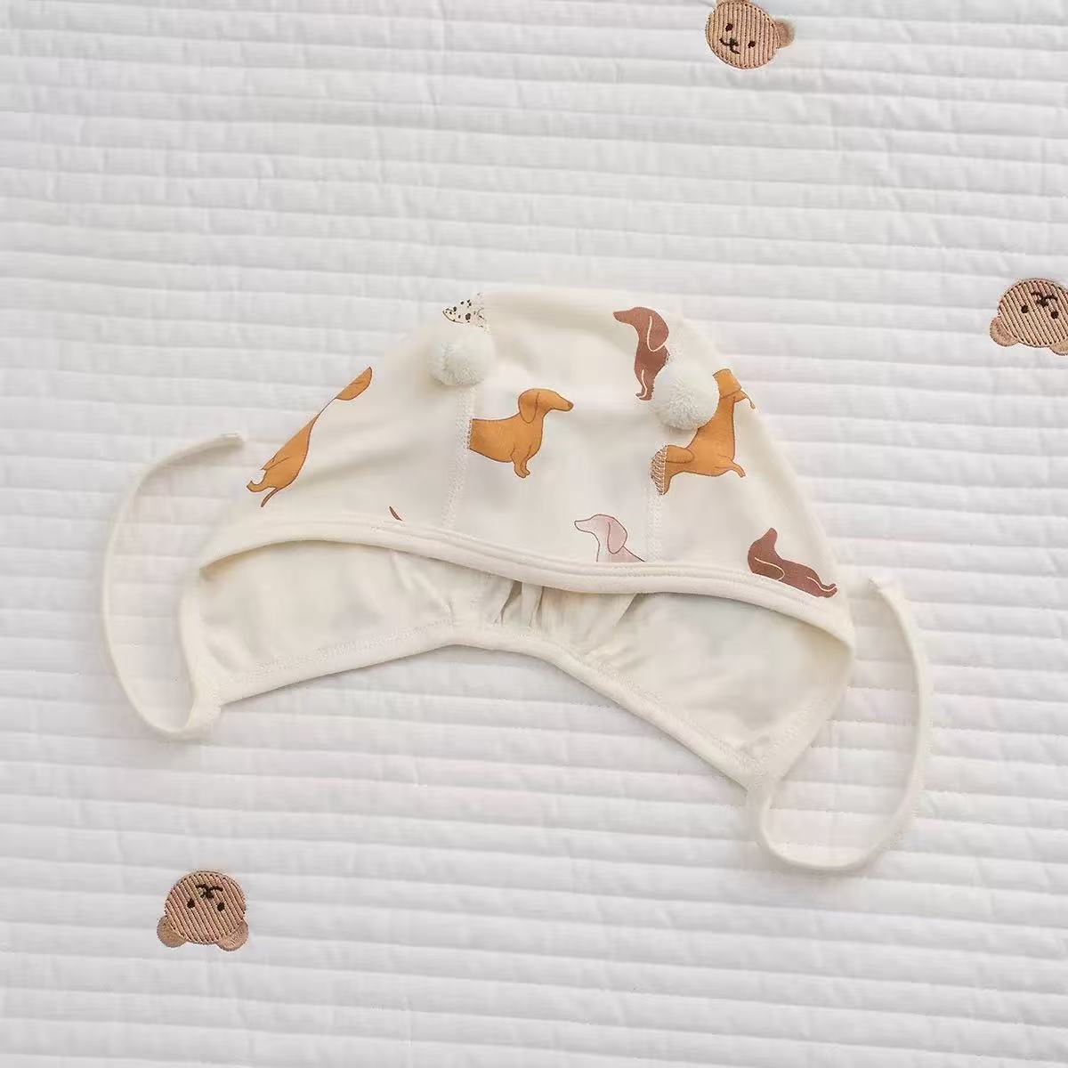 100% Organic Cotton Dachshund Print Pom Pom Baby Bonnet