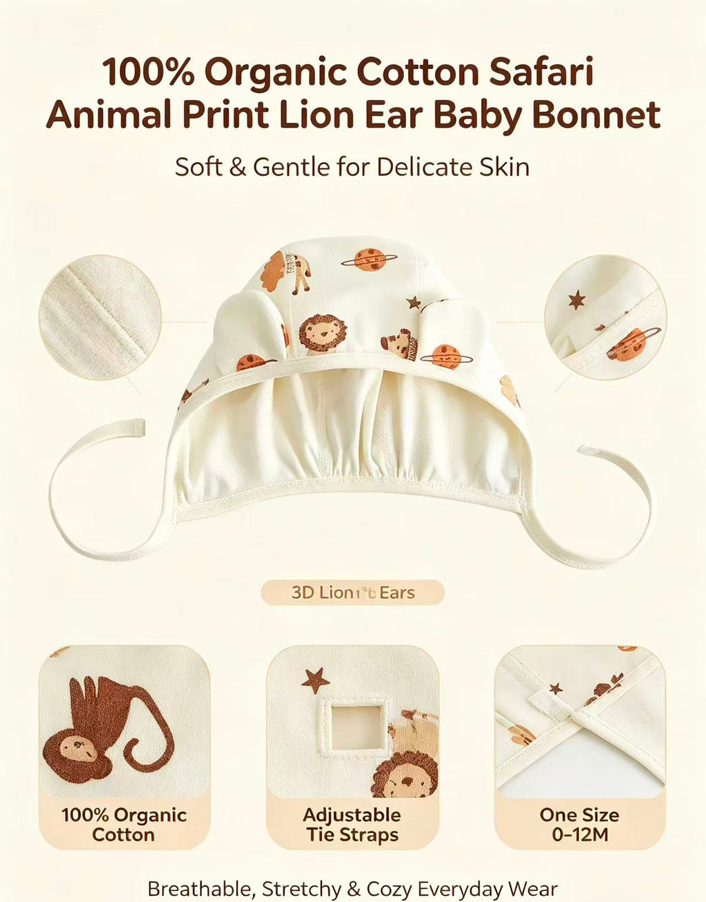 100% Organic Cotton Safari Animal Print Lion Ear Baby Bonnet