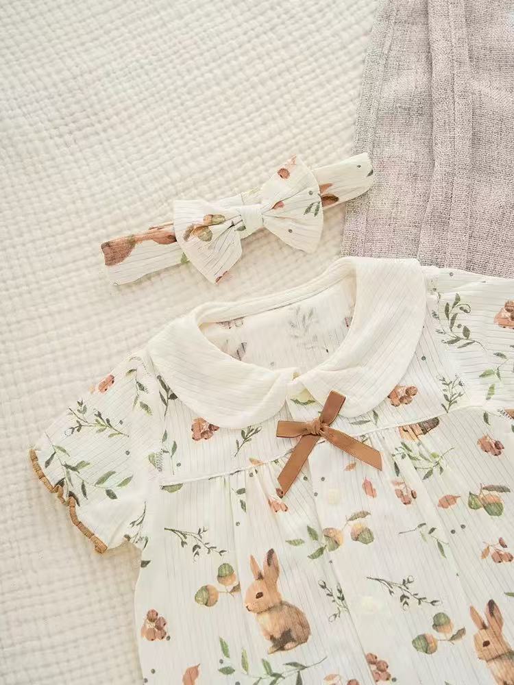 Organic Cotton Bamboo Bunny Print Romper & Bow Headband 2Pcs Set