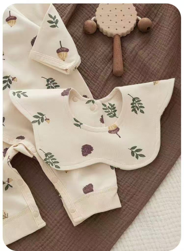 100% Organic Cotton Acorn Leaf Print Wrap Romper 3Pcs Set