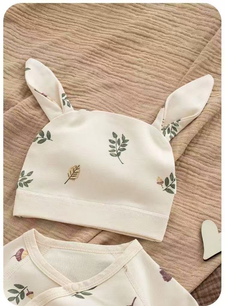 100% Organic Cotton Acorn Leaf Print Wrap Romper 3Pcs Set