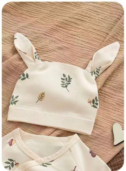 100% Organic Cotton Acorn Leaf Print Wrap Romper 3Pcs Set