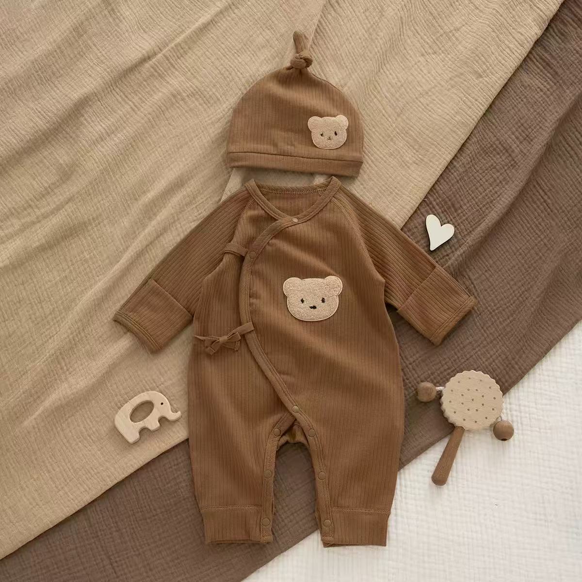 Organic Cotton Brown Bear Patch Wrap Romper & Knot Hat 2Pcs Set