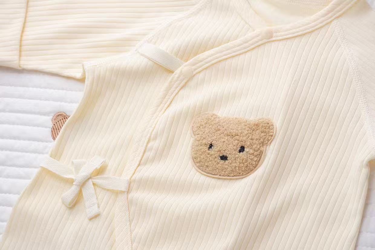 Organic Cotton Cream Bear Patch Wrap Romper & Knot Hat 2Pcs Set