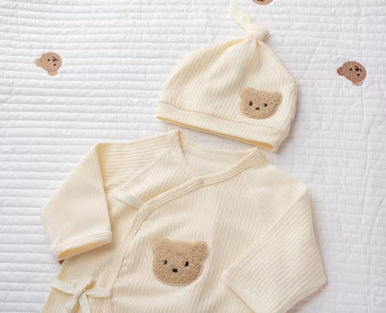 Organic Cotton Cream Bear Patch Wrap Romper & Knot Hat 2Pcs Set