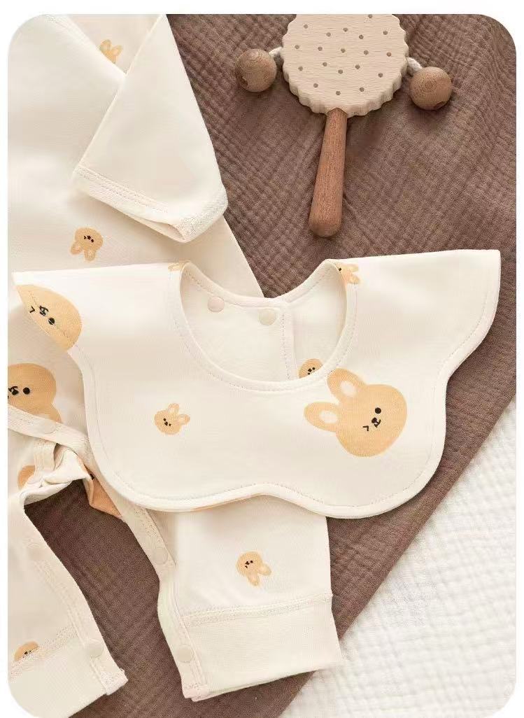 100% Organic Cotton Cartoon Bunny Print Wrap Romper Bunny 3Pcs Set