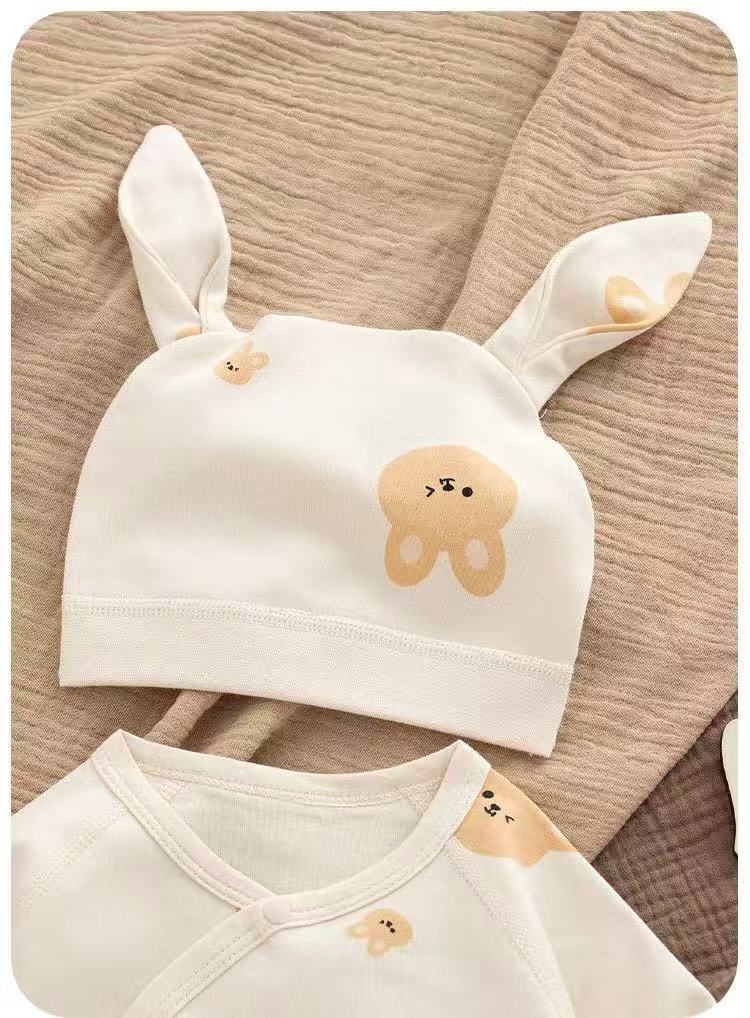 100% Organic Cotton Cartoon Bunny Print Wrap Romper Bunny 3Pcs Set