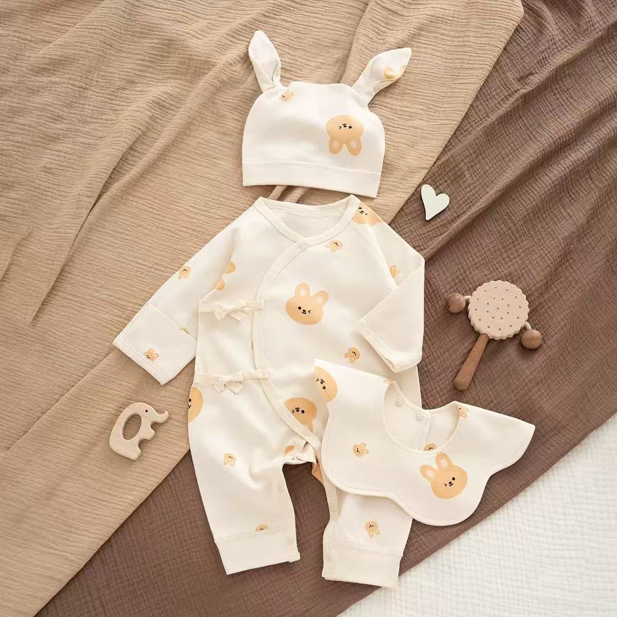 100% Organic Cotton Cartoon Bunny Print Wrap Romper Bunny 3Pcs Set