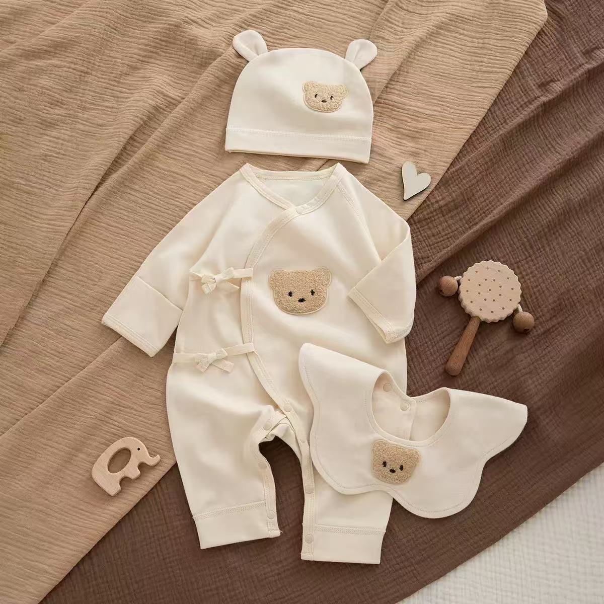 100% Organic Cotton Fuzzy Bear Patch Romper Bear 3Pcs Set
