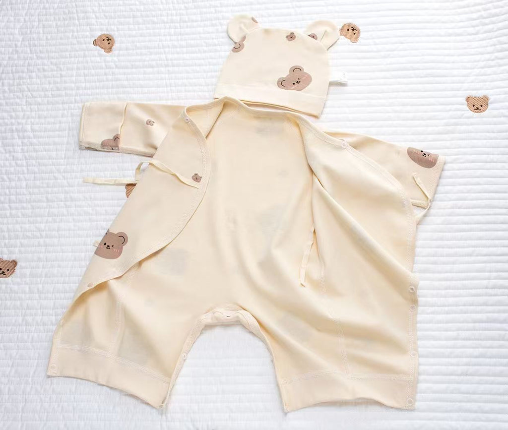 100% Organic Cotton Allover Bear Print Wrap Romper 3Pcs Set