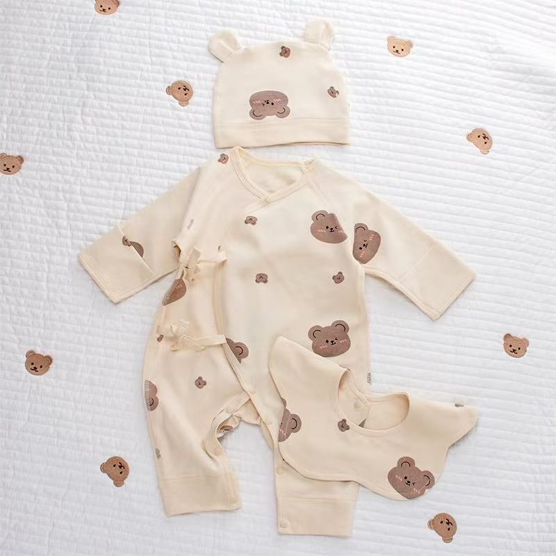 100% Organic Cotton Allover Bear Print Wrap Romper 3Pcs Set