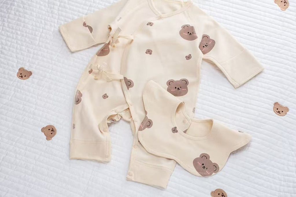 100% Organic Cotton Allover Bear Print Wrap Romper 3Pcs Set