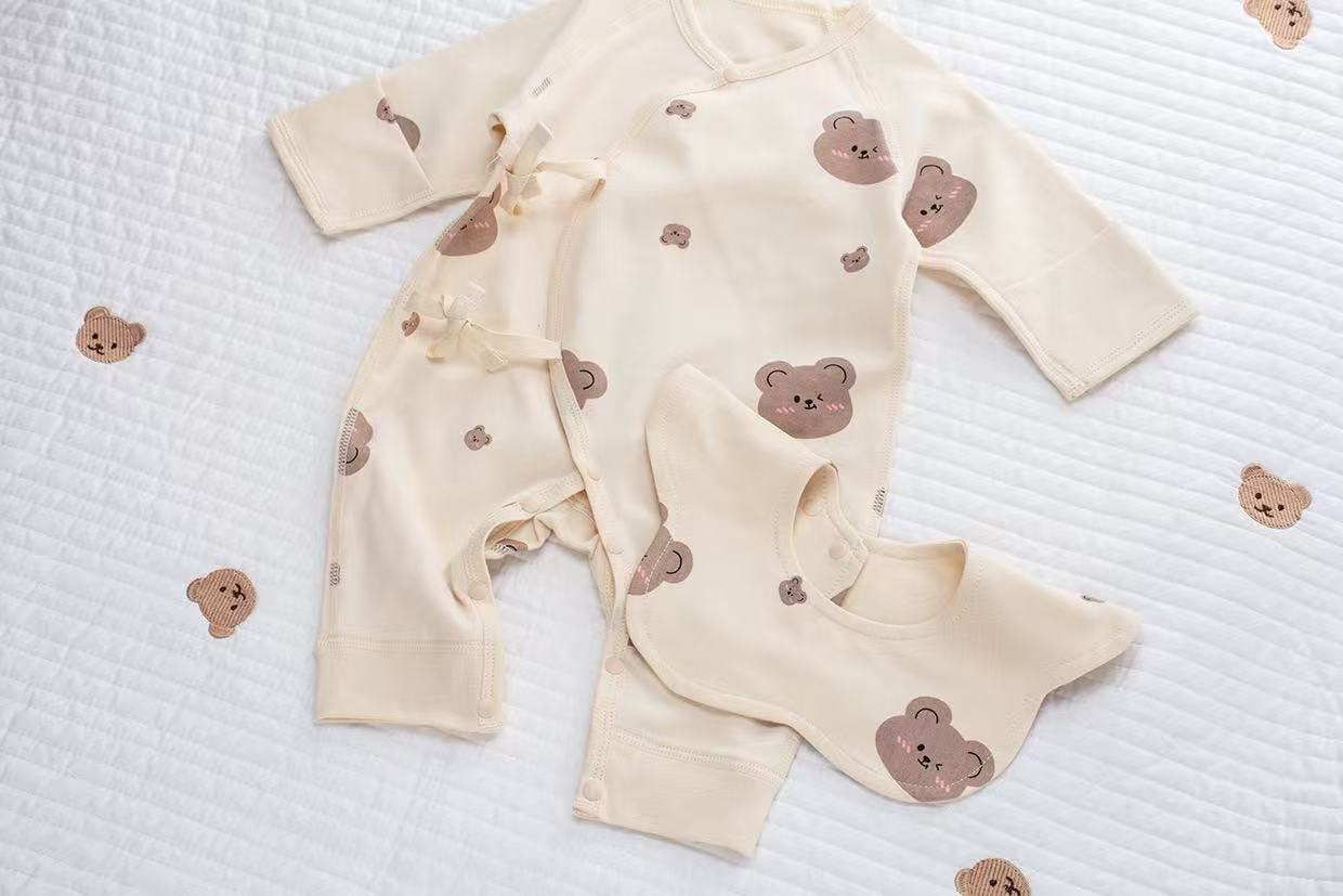 100% Organic Cotton Allover Bear Print Wrap Romper 3Pcs Set