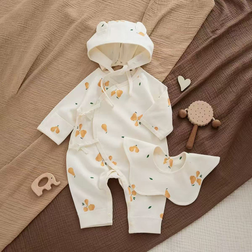 100% Organic Cotton Allover Pear Print Romper 3Pcs Set