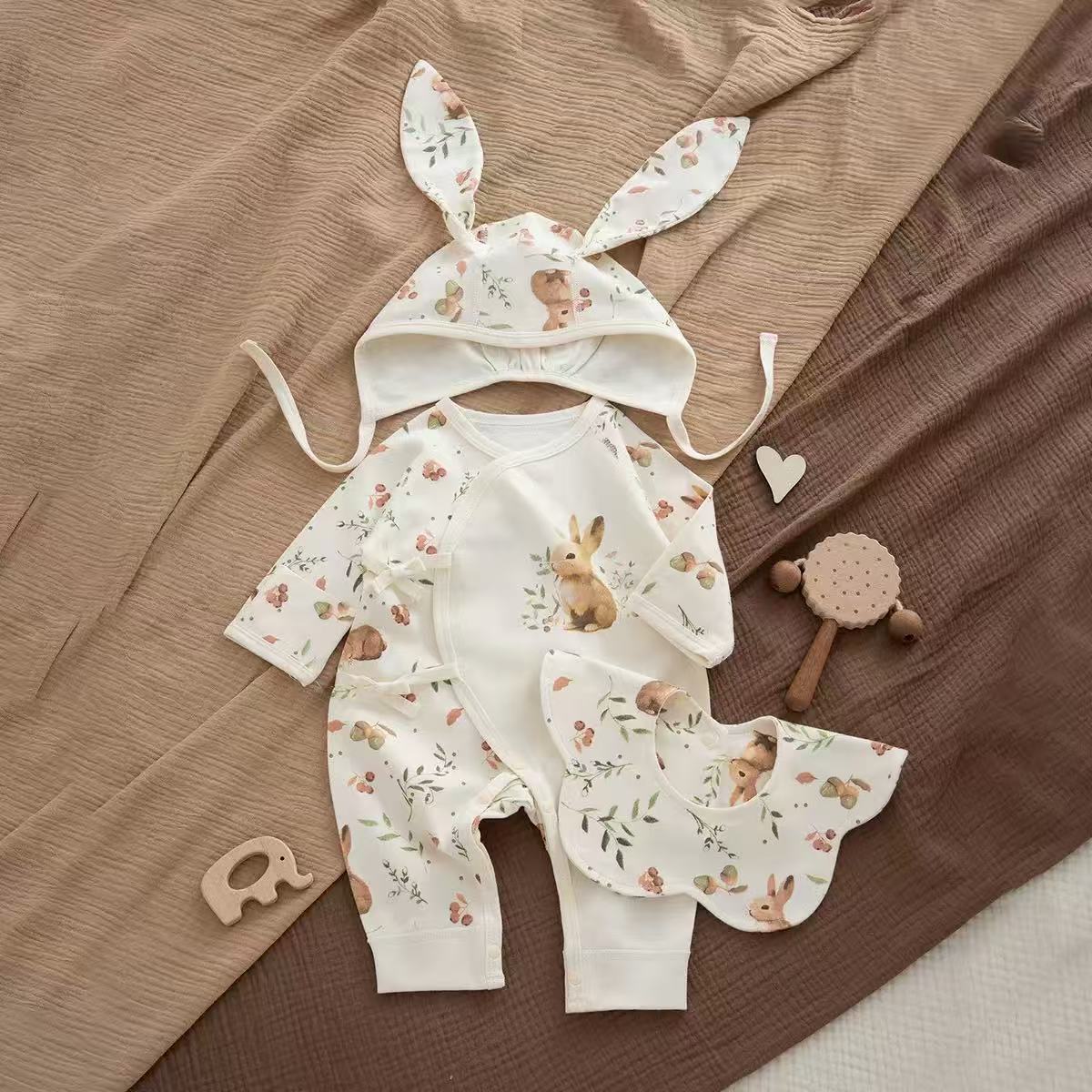 100% Organic Cotton Woodland Bunny Print Romper 3Pcs Set