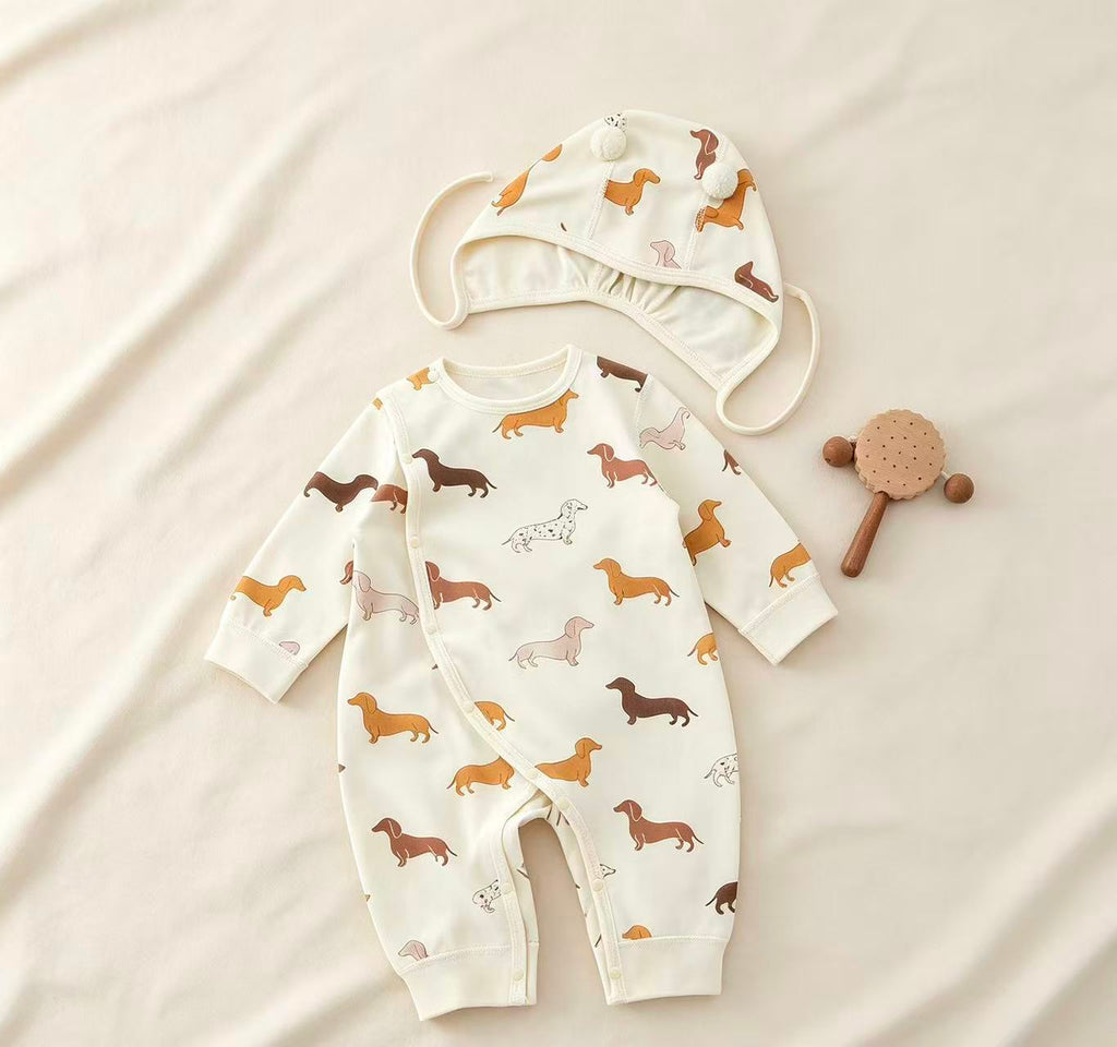 100% Organic Cotton Allover Dachshund Print Romper 2Pcs Set