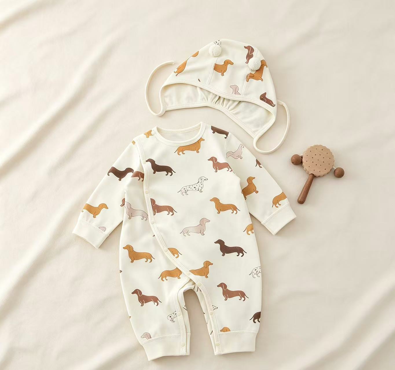 100% Organic Cotton Allover Dachshund Print Romper 2Pcs Set
