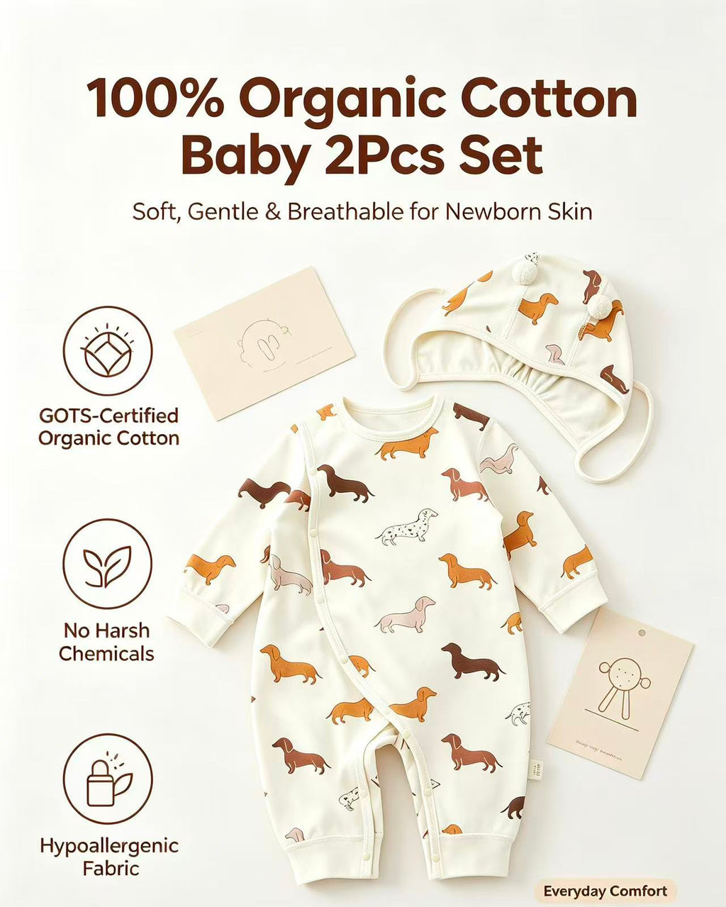 100% Organic Cotton Allover Dachshund Print Romper 2Pcs Set