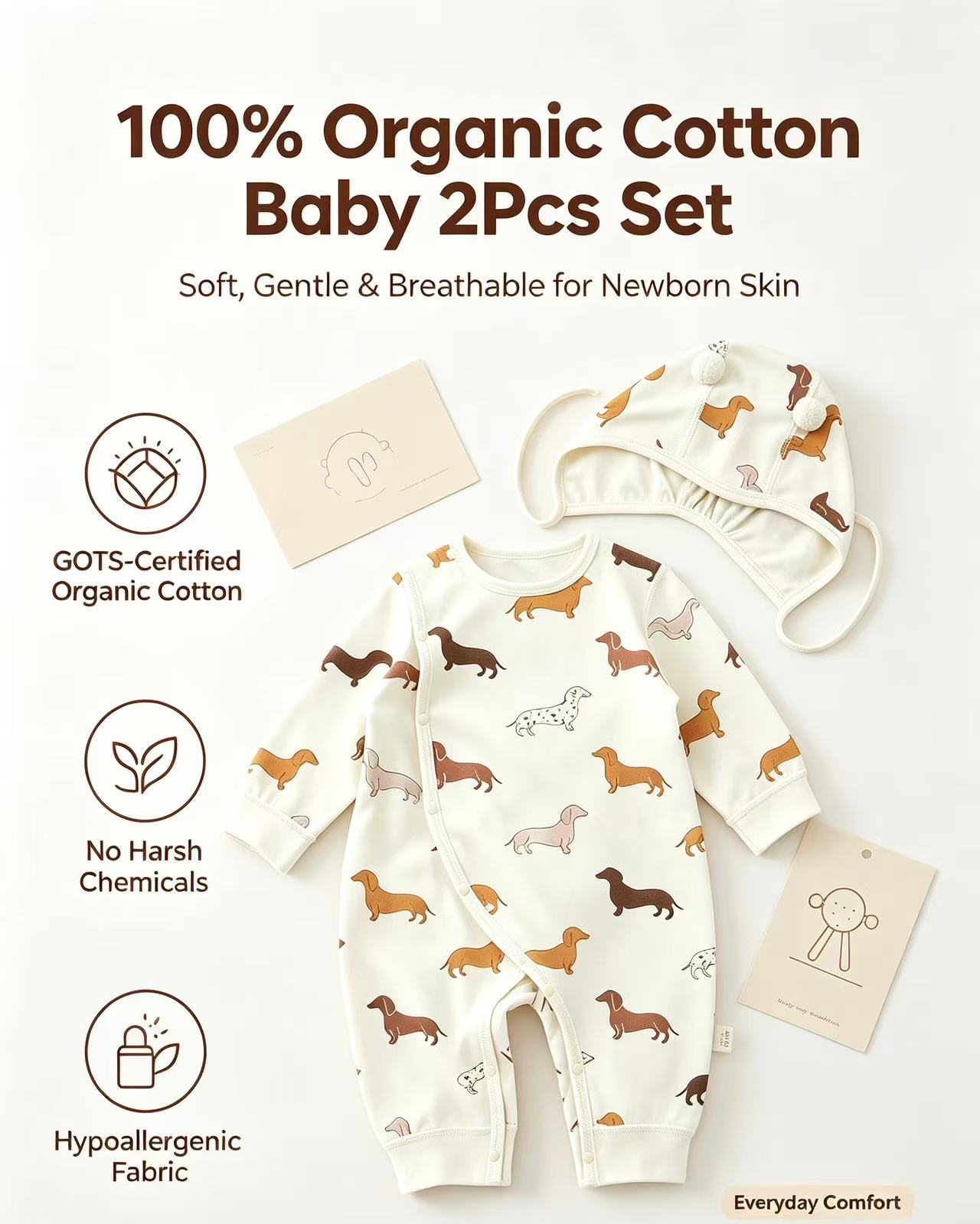 100% Organic Cotton Allover Dachshund Print Romper 2Pcs Set