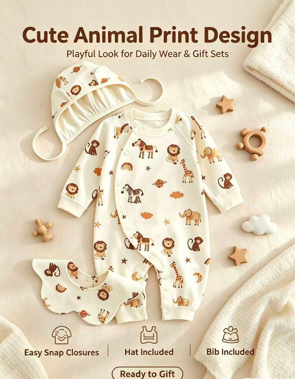 100% Organic Cotton Safari Animal Print Romper 3Pcs Set