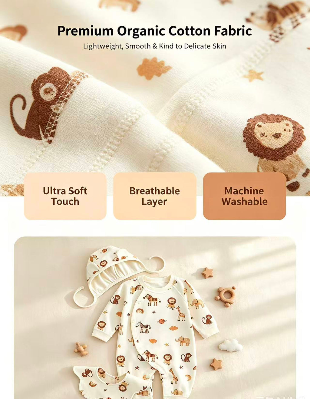 100% Organic Cotton Safari Animal Print Romper 3Pcs Set