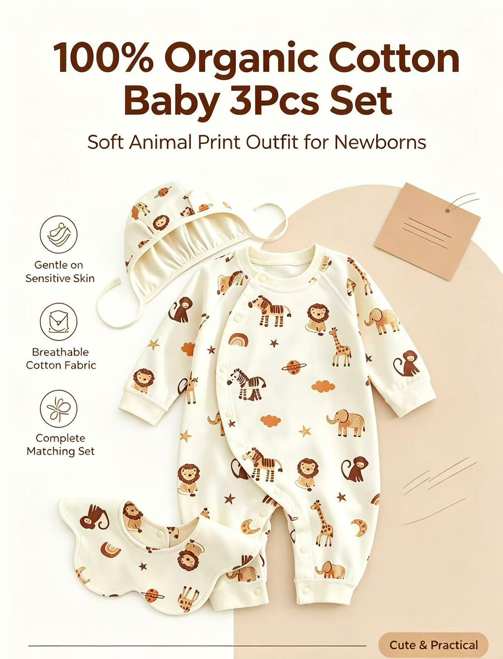 100% Organic Cotton Safari Animal Print Romper 3Pcs Set