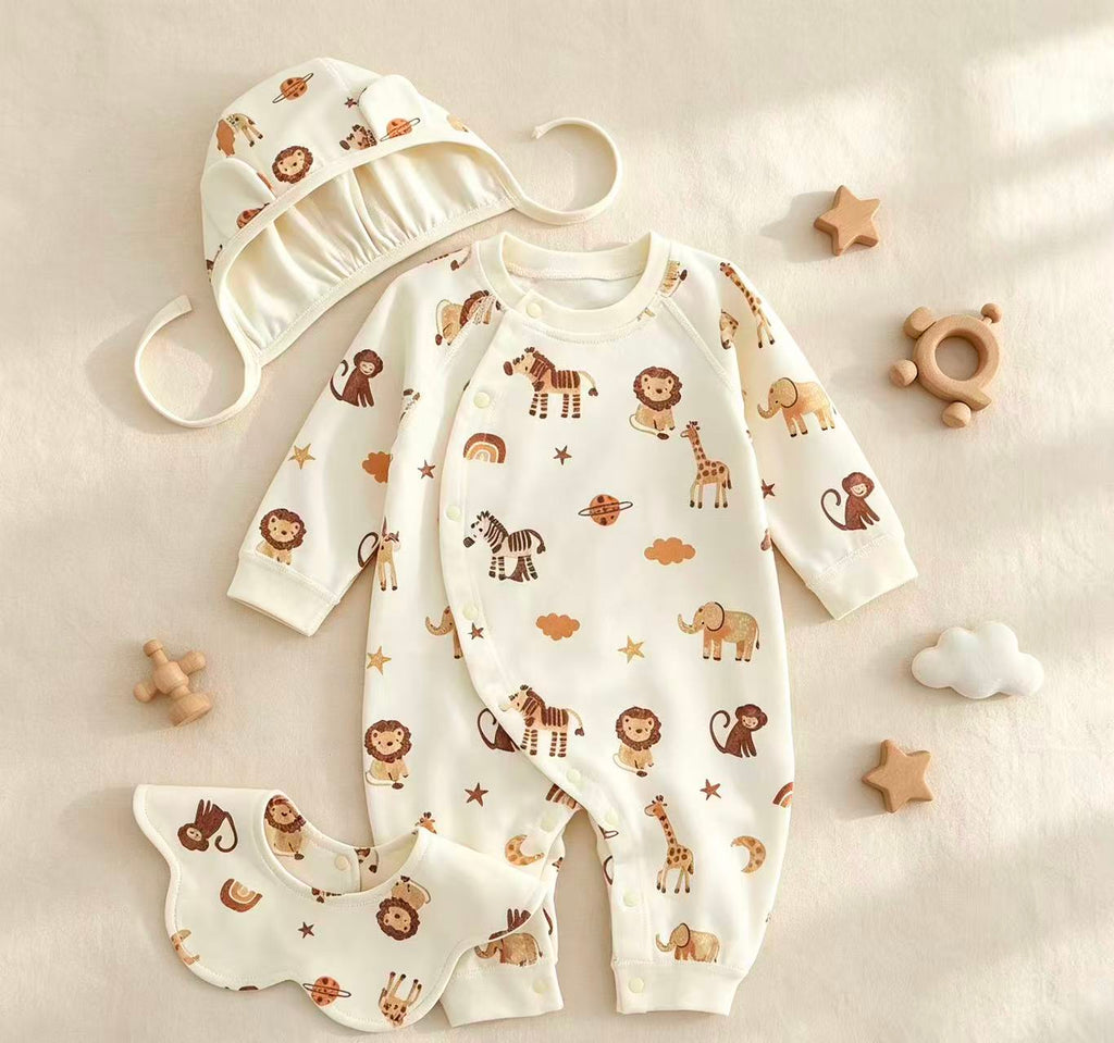 100% Organic Cotton Safari Animal Print Romper 3Pcs Set
