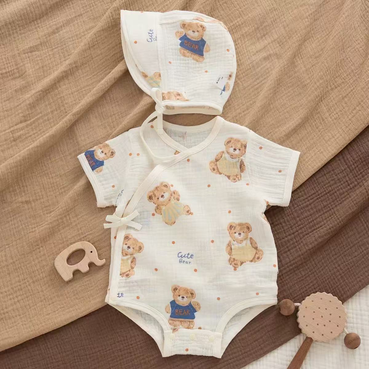 100% Muslin Cotton Cute Bear Print Wrap Onesie 2Pcs Set