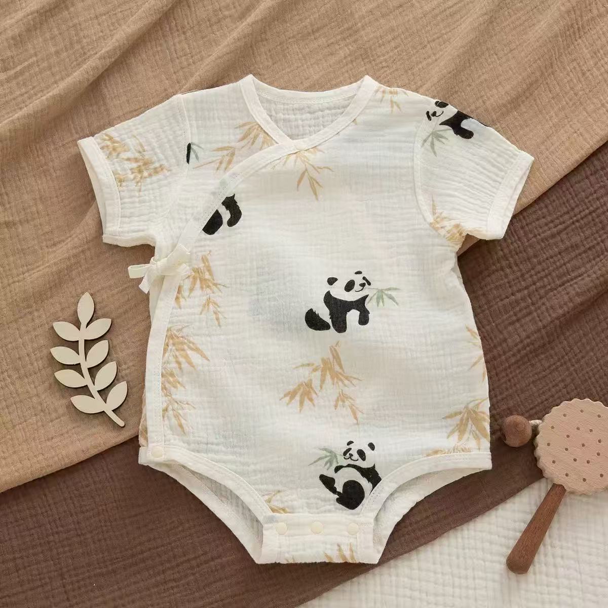 100% Muslin Cotton Cute Panda Bamboo Print Wrap Onesie 2Pcs Set