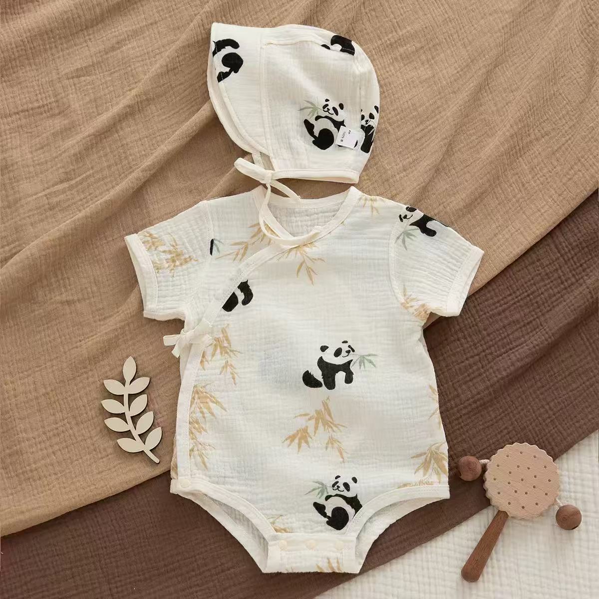 100% Muslin Cotton Cute Panda Bamboo Print Wrap Onesie 2Pcs Set