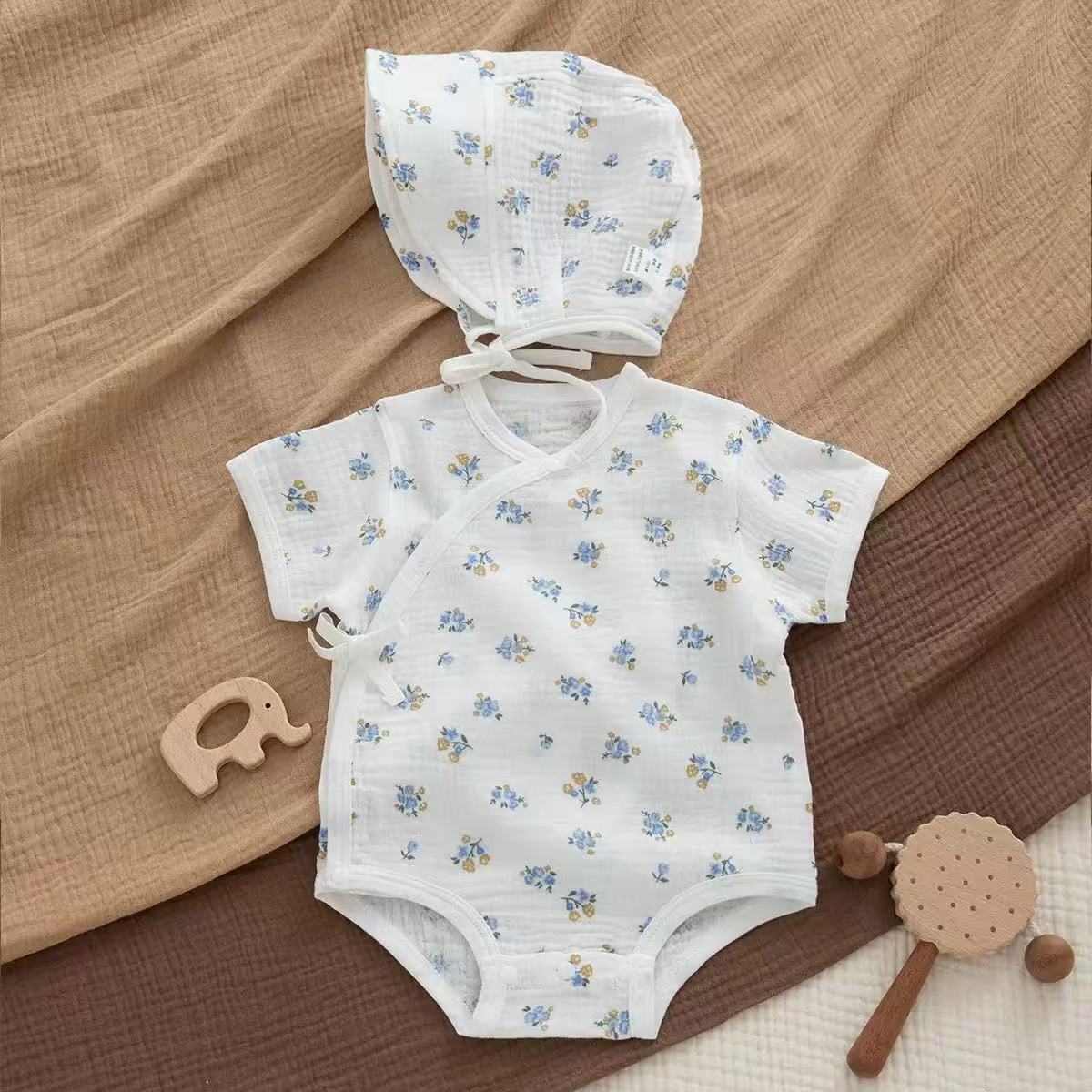 100% Muslin Cotton Tiny Blue Floral Print Wrap Onesie 2Pcs Set