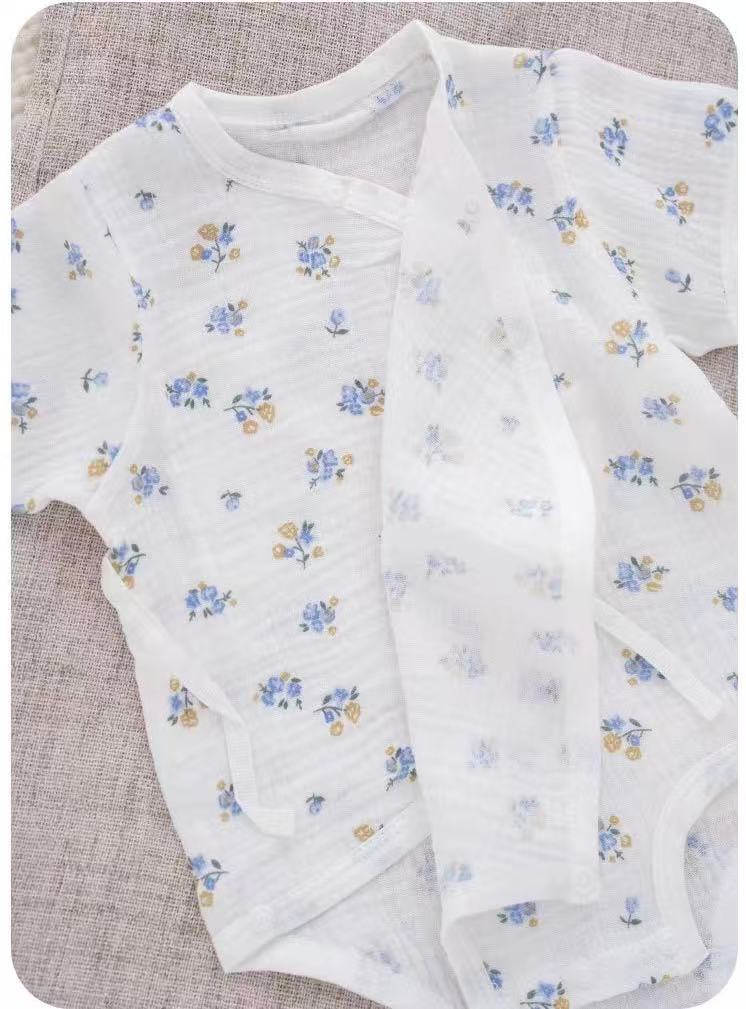 100% Muslin Cotton Tiny Blue Floral Print Wrap Onesie 2Pcs Set