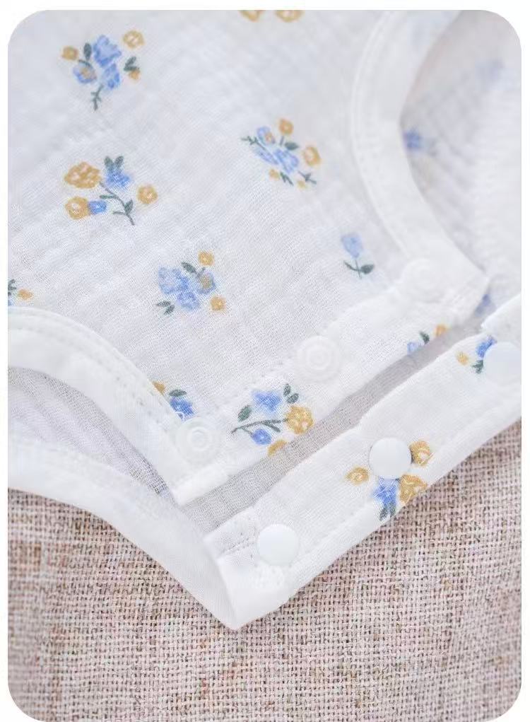 100% Muslin Cotton Tiny Blue Floral Print Wrap Onesie 2Pcs Set