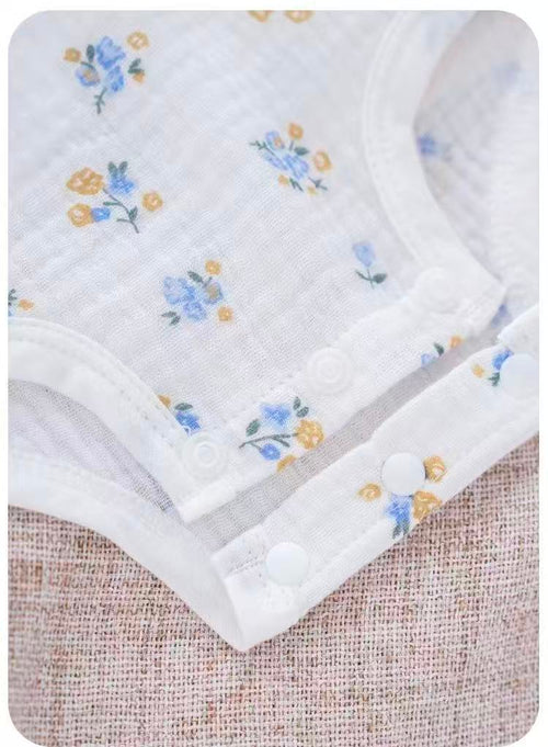 100% Muslin Cotton Tiny Blue Floral Print Wrap Onesie 2Pcs Set